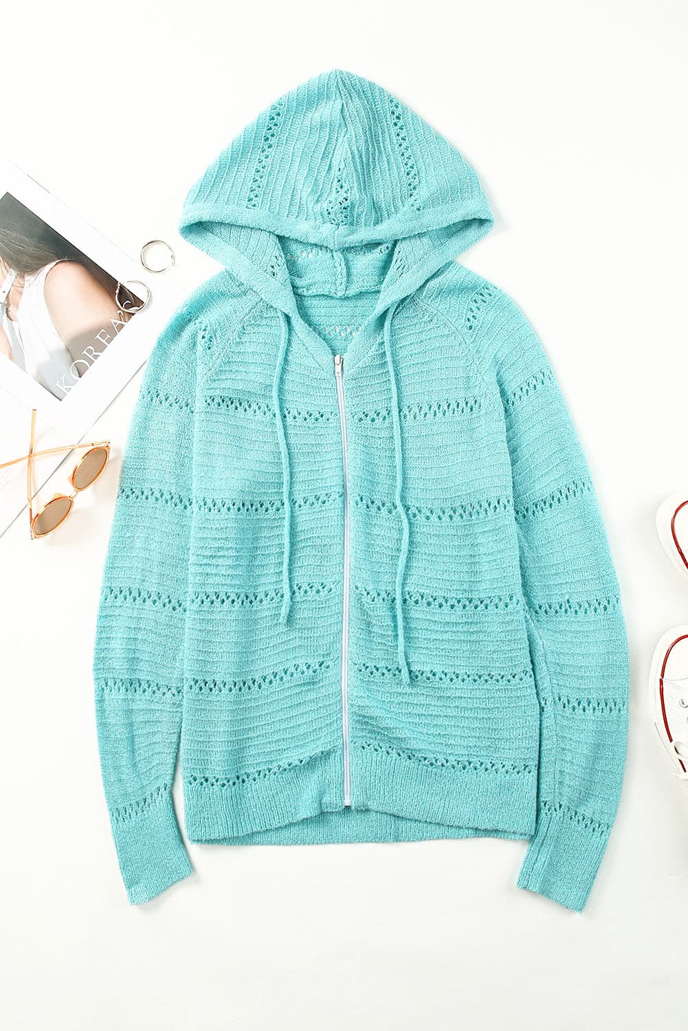 Zip-Up Raglan Sleeve Openwork Hooded Cardigan.