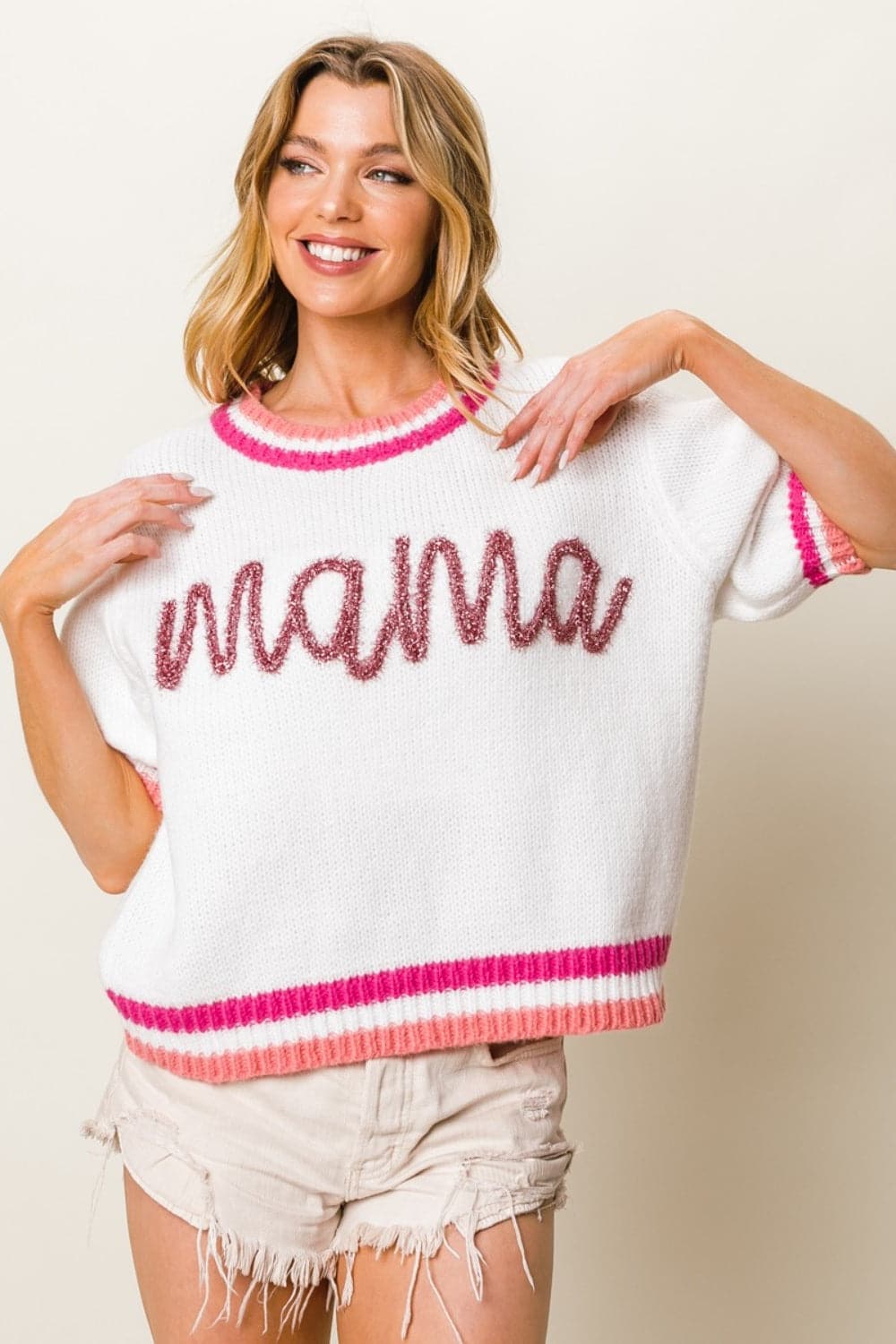 BiBi MAMA Contrast Trim Short Sleeve Sweater.