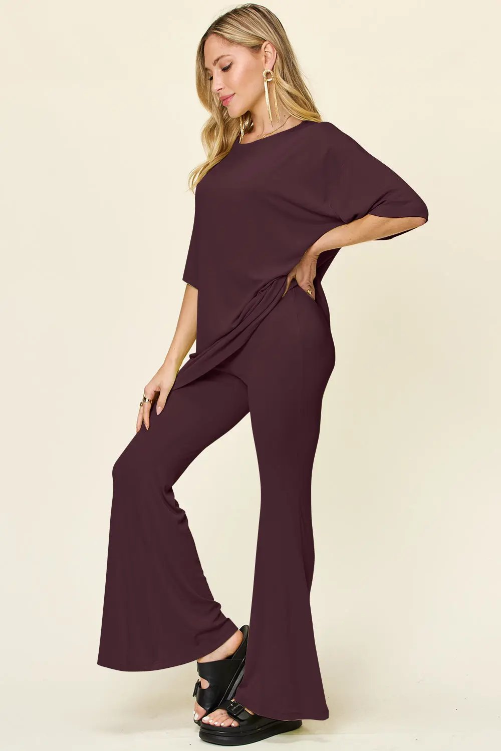 Double Take Full Size Round Neck Drop Shoulder T-Shirt and Flare Pants Set - Love Salve