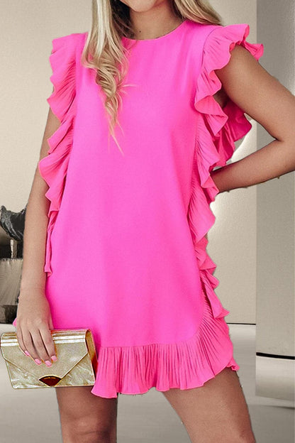 Ruffled Round Neck Cap Sleeve Mini Dress.