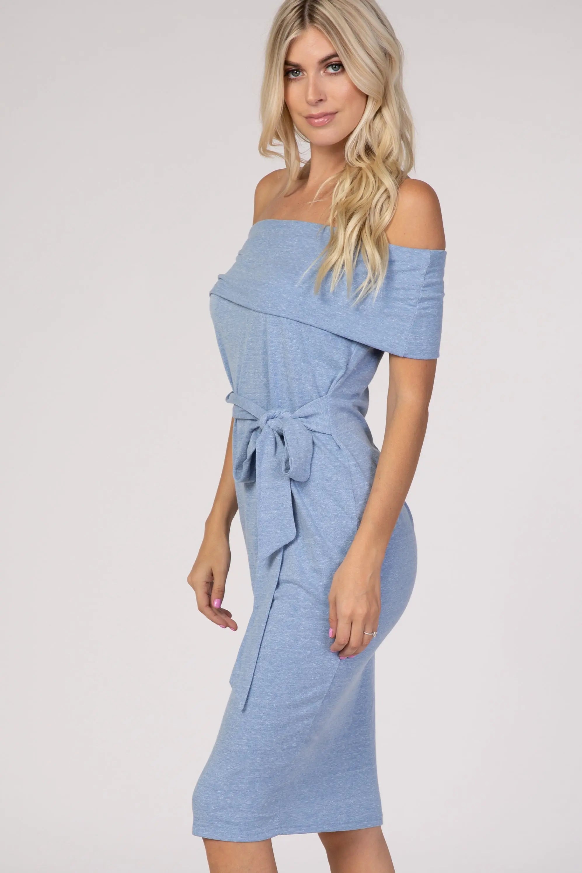 PinkBlush Blue Folded Off Shoulder Belted Fitted Dress PinkBlush