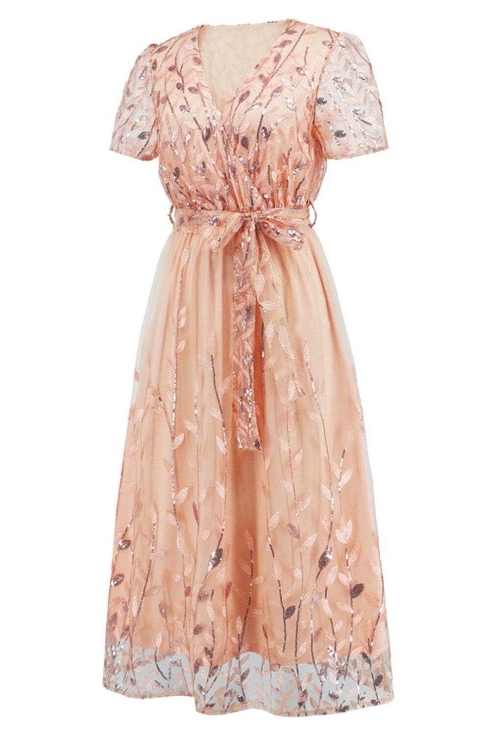 Sequin Leaf Embroidery Tie Front Short Sleeve Dress.