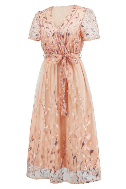 Sequin Leaf Embroidery Tie Front Short Sleeve Dress.