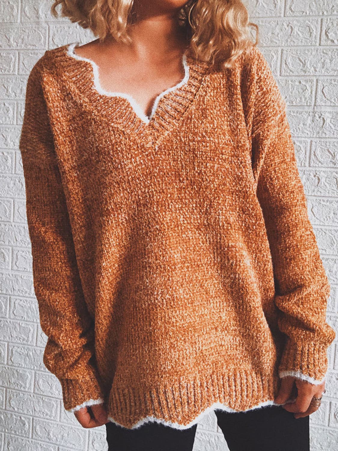 Notched Dropped Shoulder Long Sleeve Sweater.