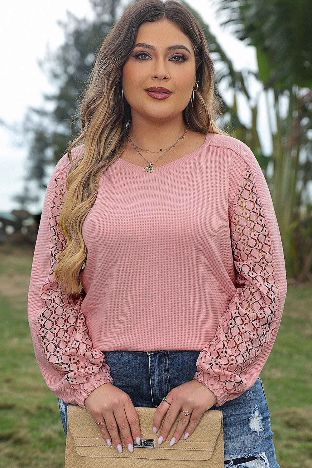 Chic apricot pink plus size lace sleeve textured top