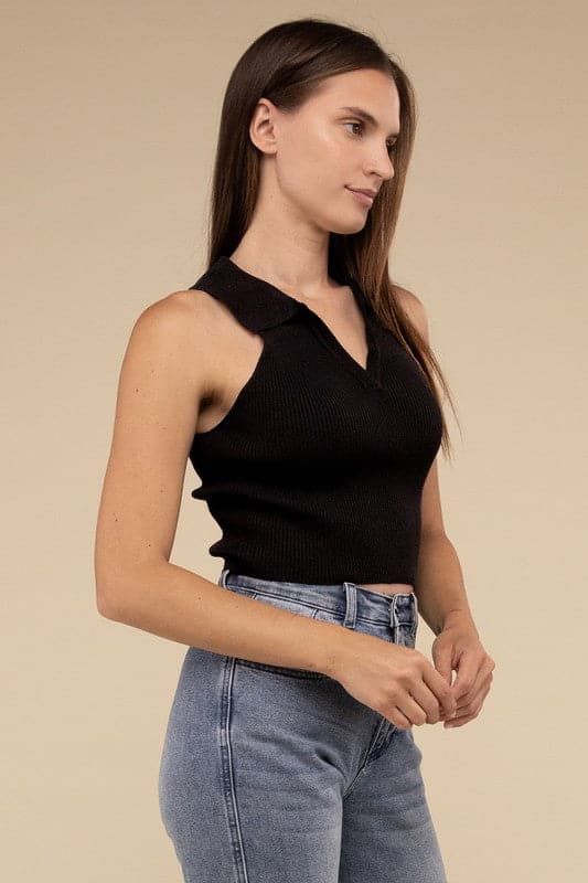 Sleeveless Collared Crop Knit Top.