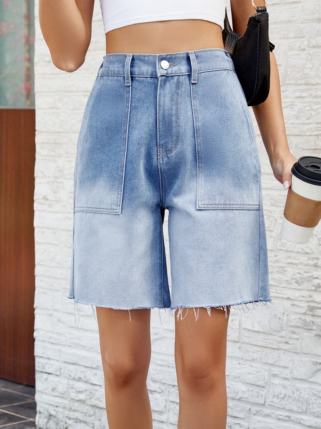 Buttoned Raw Hem Denim Shorts with Pockets.