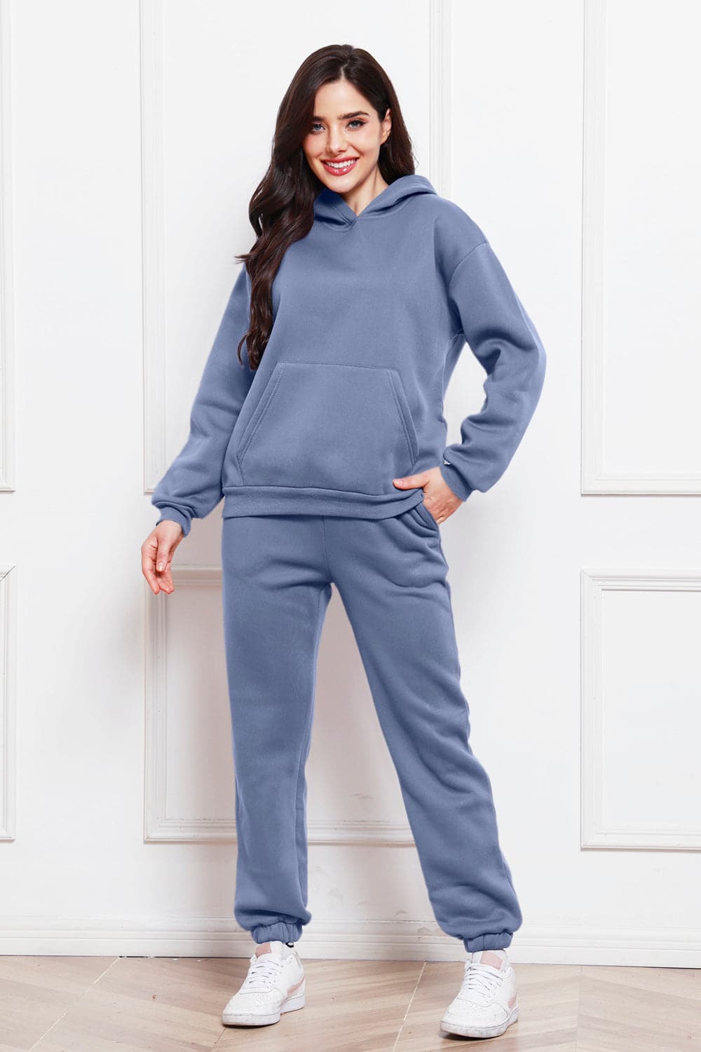 Drop Shoulder Long Sleeve Hoodie and Pants Set.