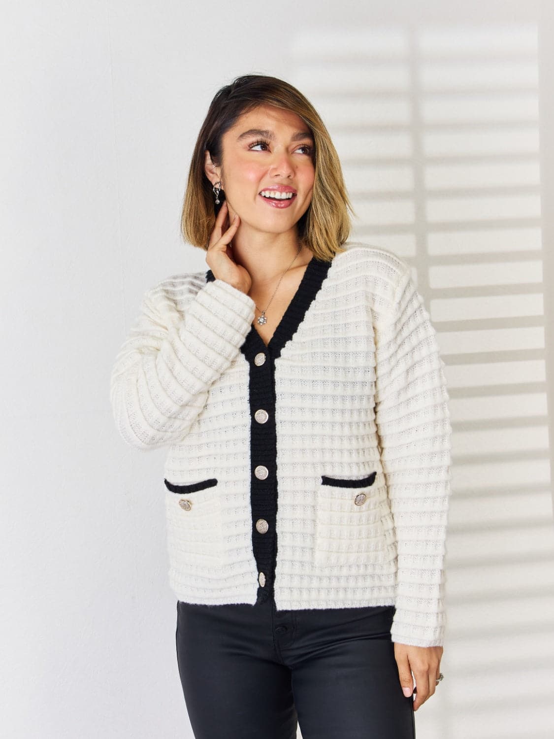 Contrast Trim Button Up Cardigan.