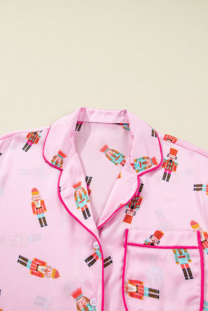 Pink Nutcracker Print Two Piece Pajama Set Contrast Trim Bow