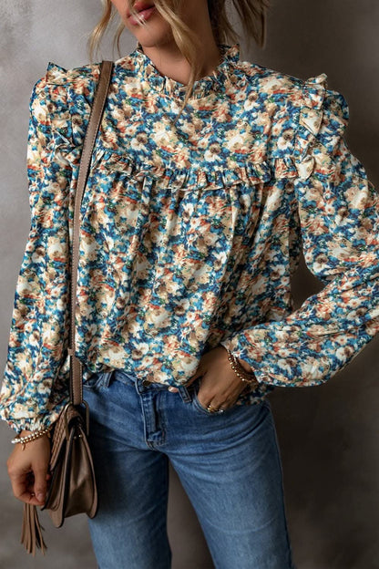 Frill Printed Mock Neck Long Sleeve Blouse.