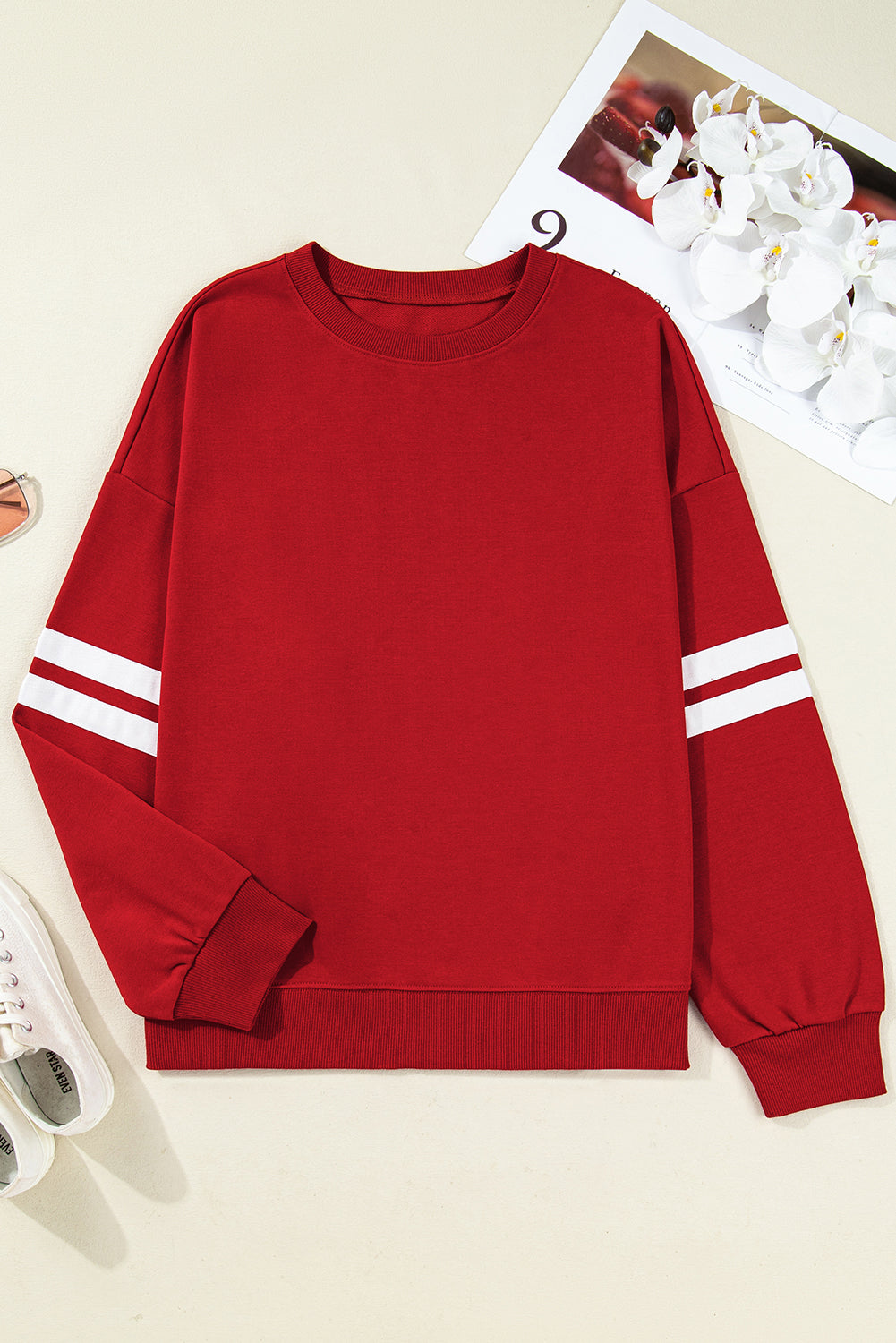 Fiery Red Varsity Striped Detail Crew Neck Plus Sweatshirt Dear-Lover Dropshipping