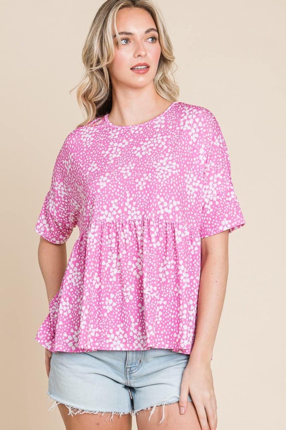 BOMBOM Floral Round Neck Peplum Blouse.