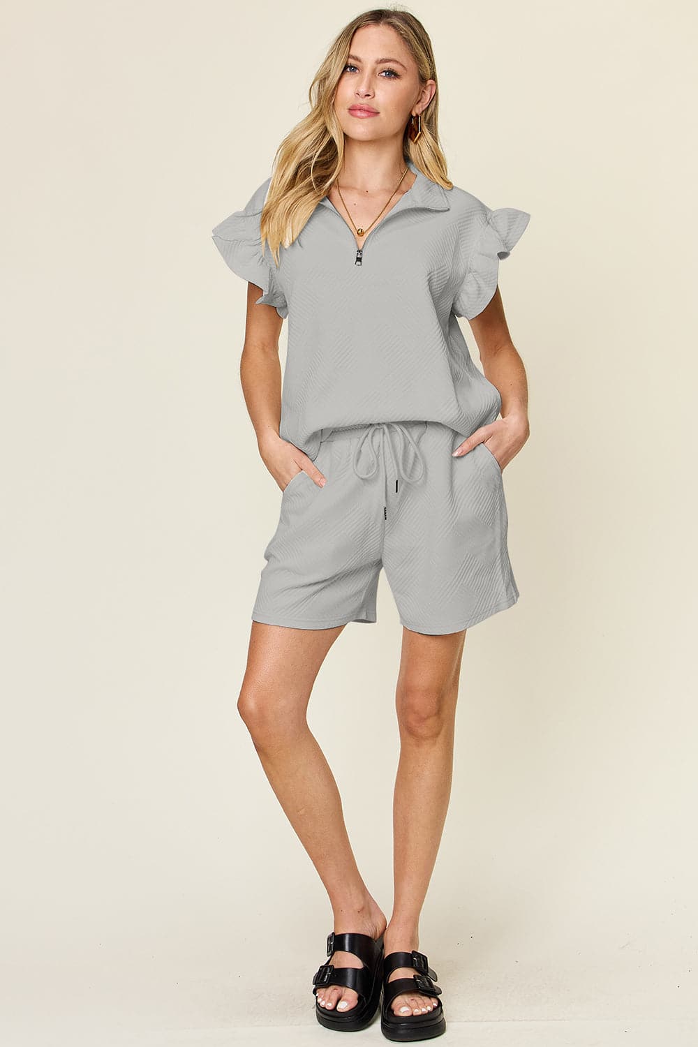 Double Take Full Size Texture Flounce Sleeve Top and Drawstring Shorts Set.