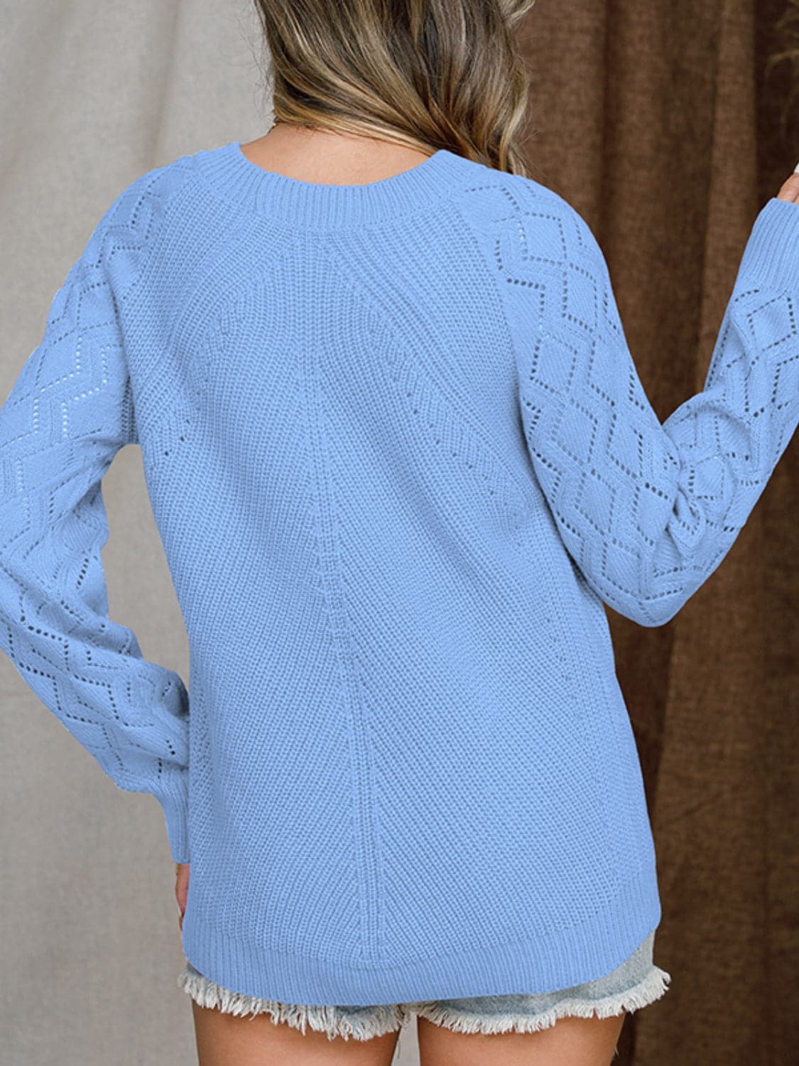 Openwork Round Neck Raglan Sleeve Sweater.