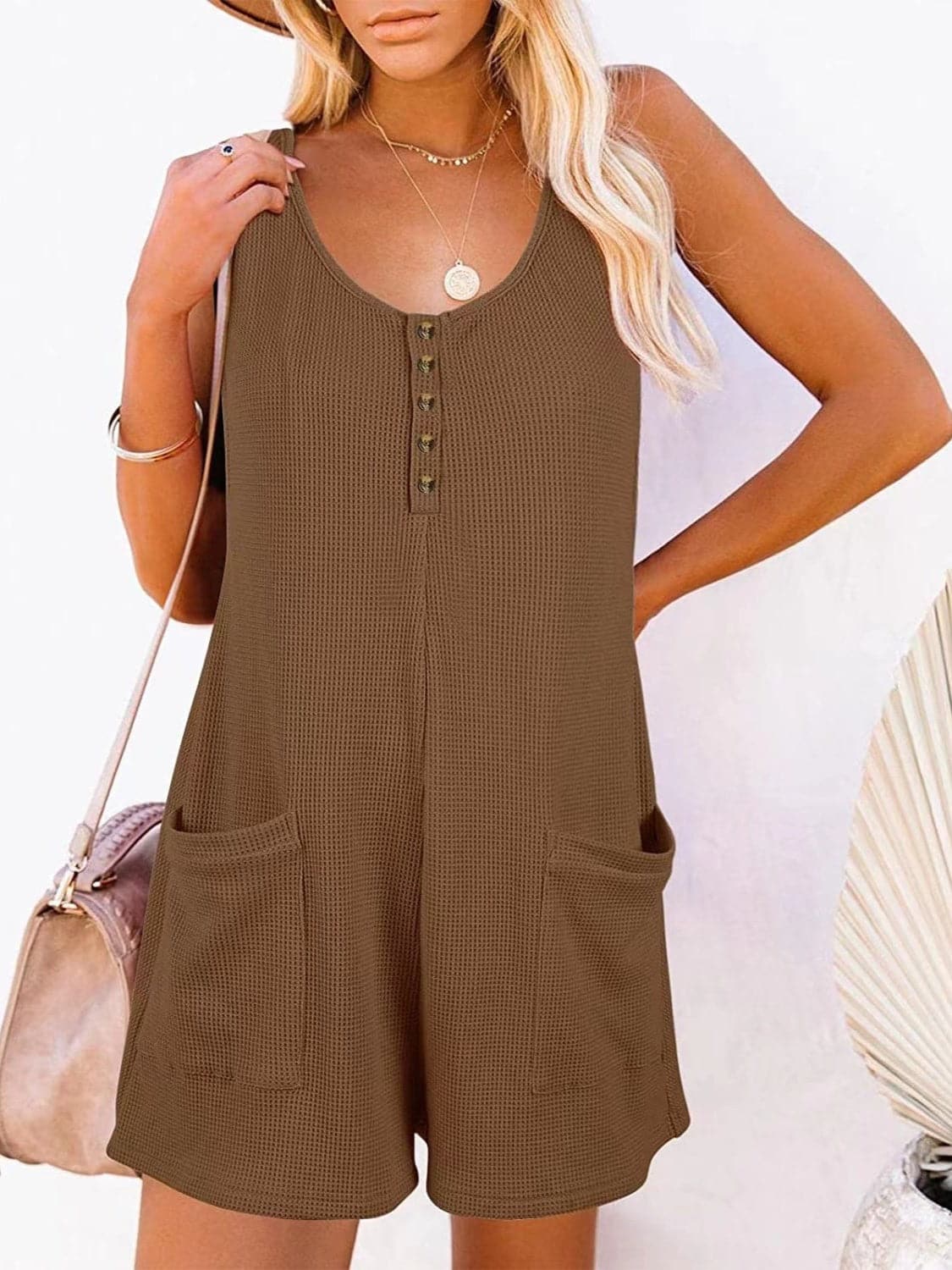 Full Size Pocketed Scoop Neck Sleeveless Romper.