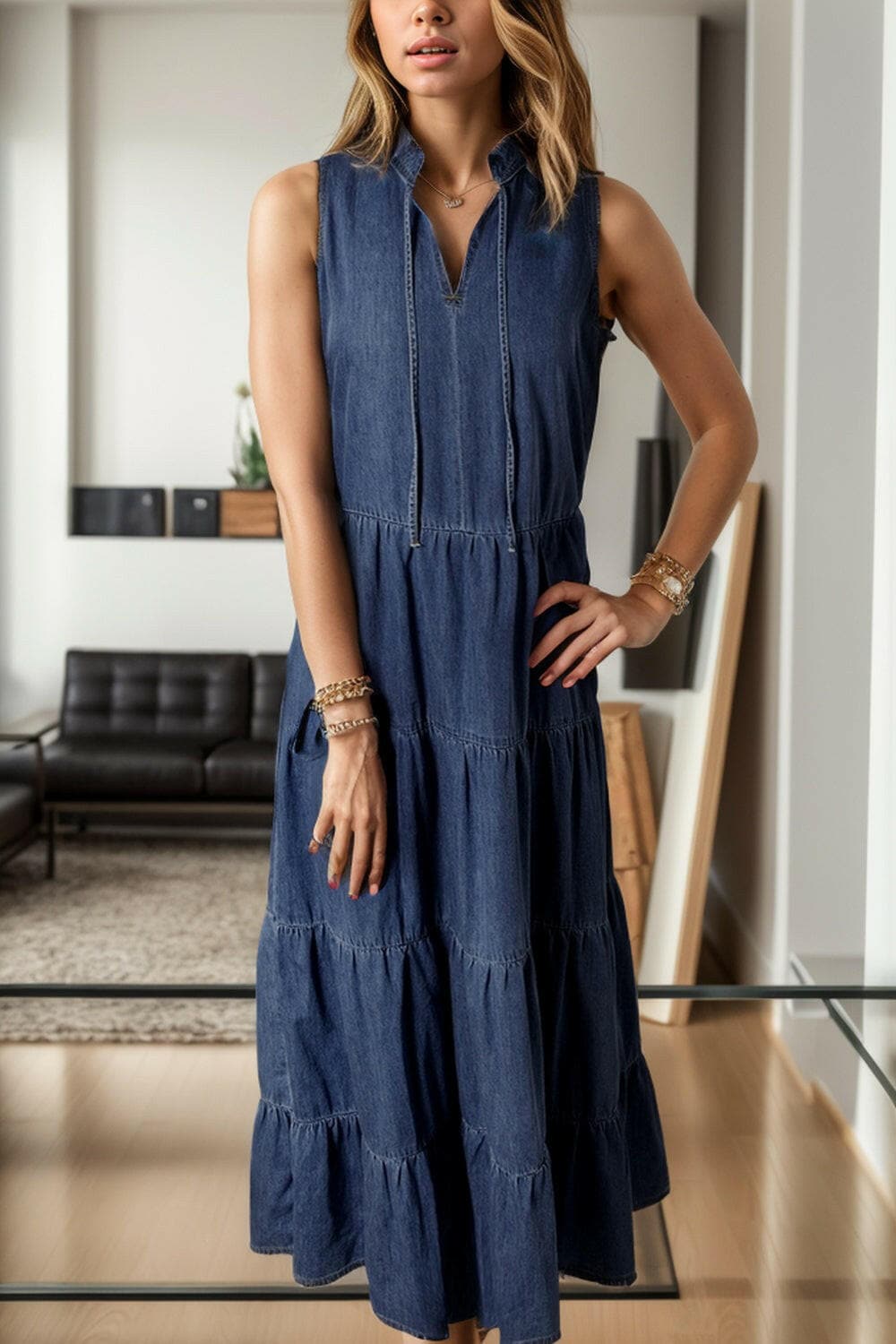 Tie Neck Sleeveless Denim Dress.