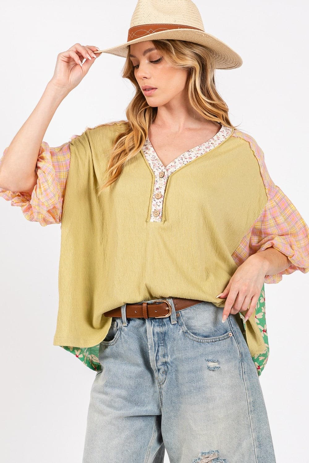 SAGE + FIG Color Block Bubble Sleeve Top.