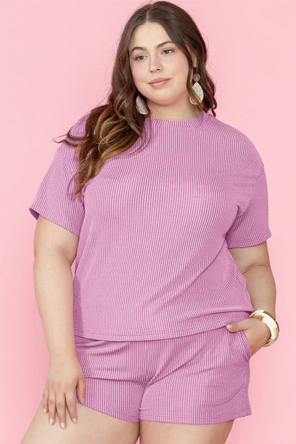 Plus Size Round Neck Short Sleeve Top and Shorts Set.