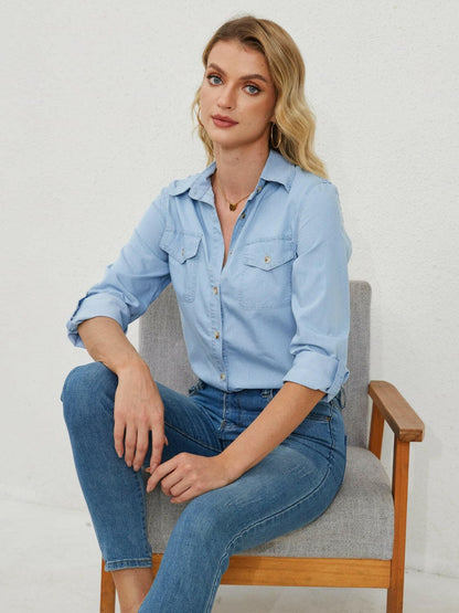 Denim Long Sleeve Shirt with Button-Up Pockets.