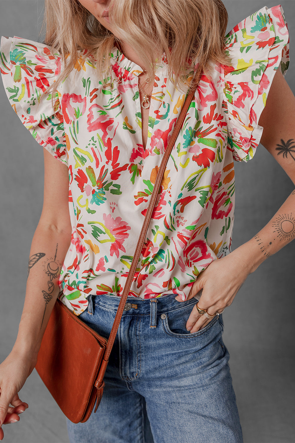 Multicolour Allover Floral Printed Flutter Sleeve Blouse