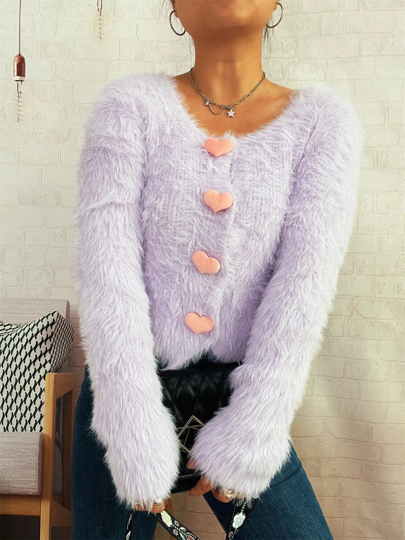Fuzzy Heart Shape Button-Up Cardigan Coco’s Tee Boutique