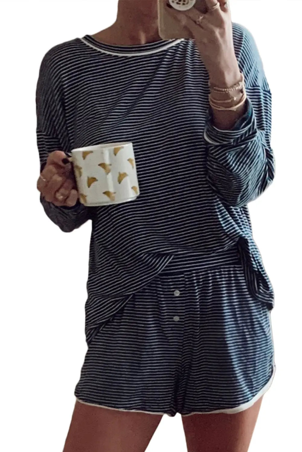 Blue Stripe Drop Shoulder Long Sleeve Tee And Buttoned Shorts Lounge Set 2pcs Dear-Lover Dropshipping