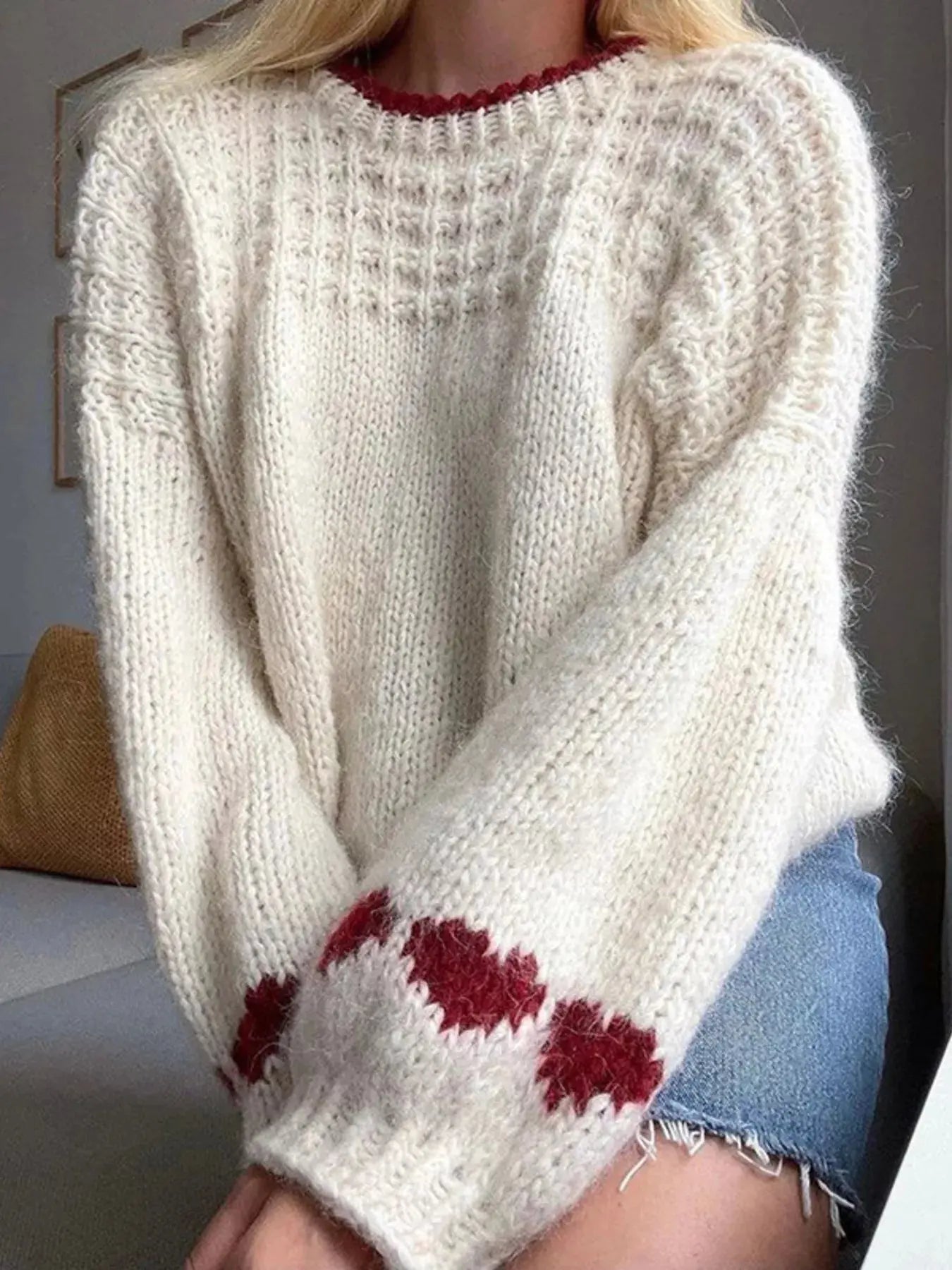 Contrast Trim Round Neck Sweater Simply Love