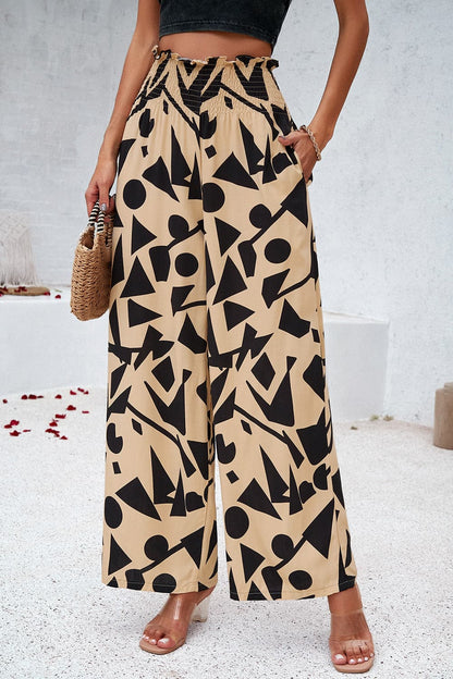 Smocked Printed Wide Leg Pants with Pockets.