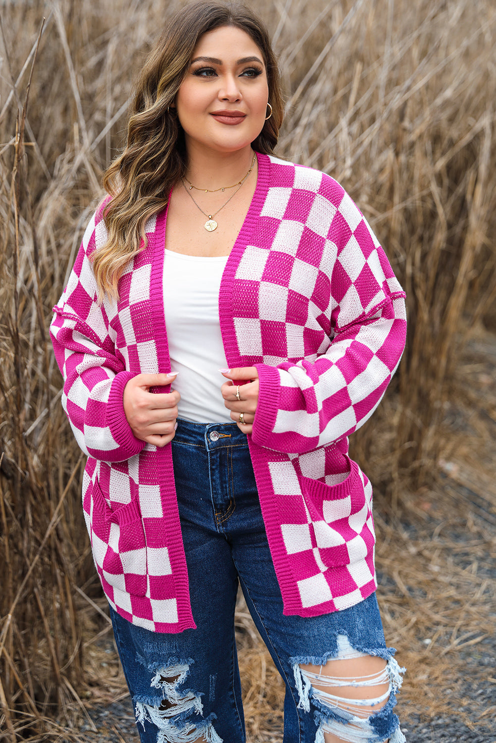 Stylish checkered open front cardigan for plus sizes