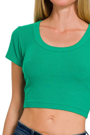 Zenana Ribbed Scoop Neck Crop Short Sleeve Top - Love Salve 