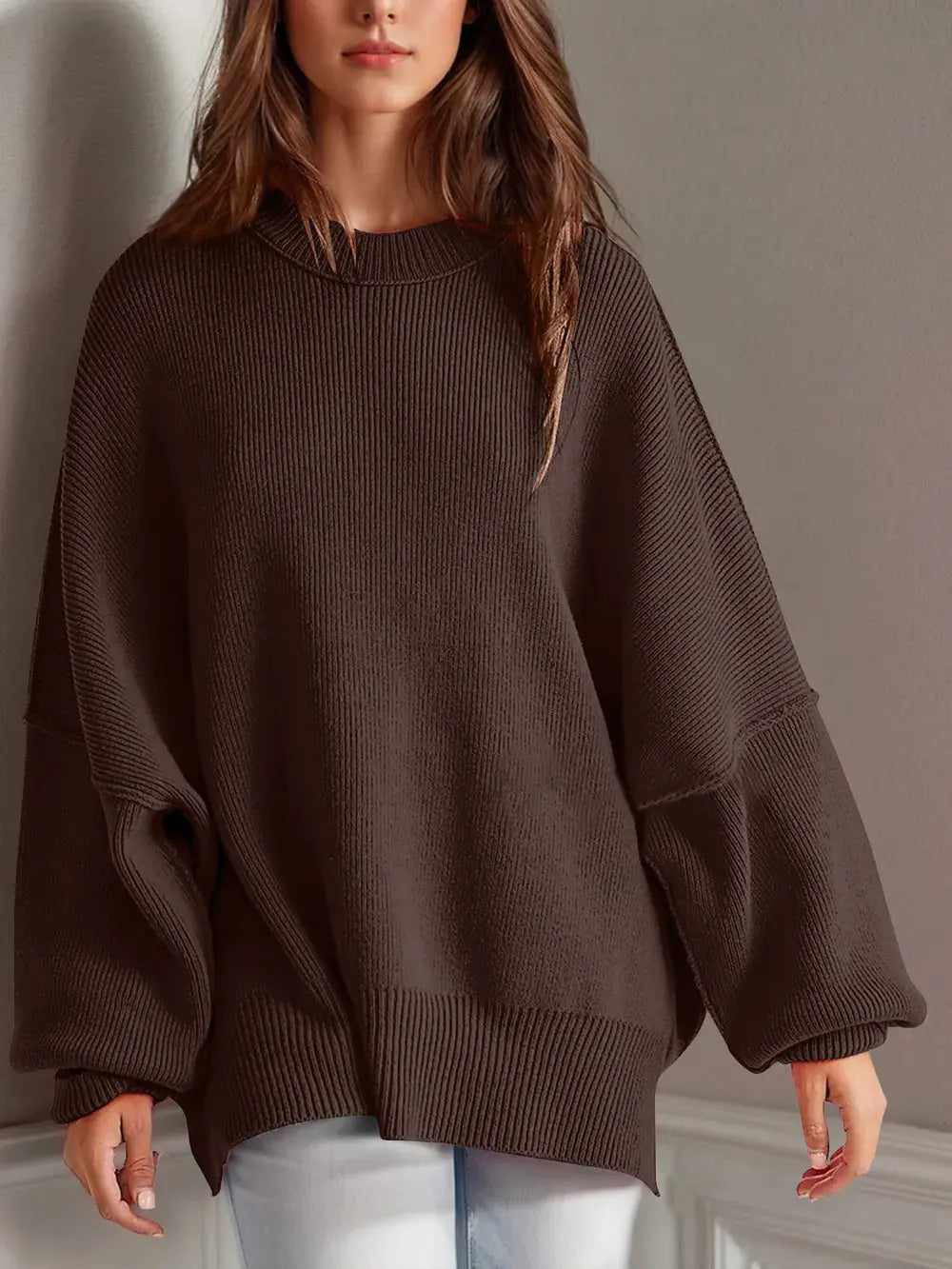 Double Take Side Slit Round Neck Long Sleeve Sweater - Love Salve