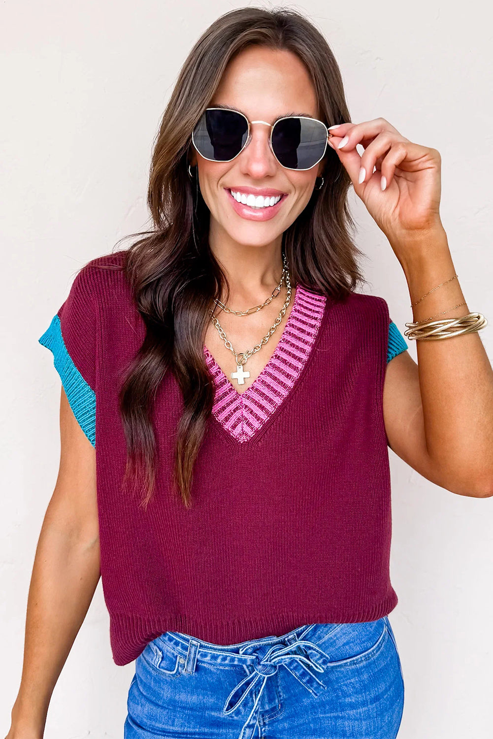 Burgundy Contrast Trim V Neck Short Sleeve Loose Sweater