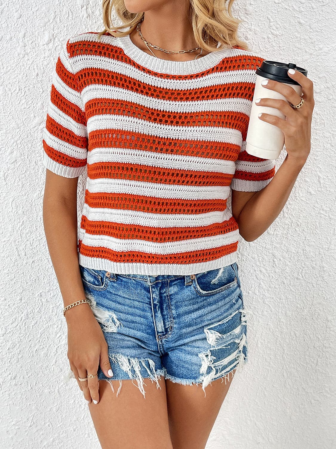 Openwork Striped Round Neck Short Sleeve Knit Top.