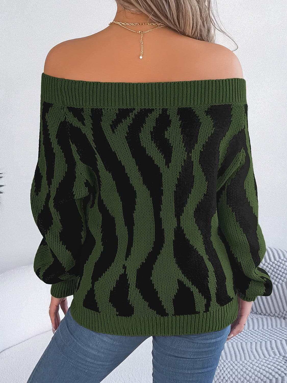 Off-Shoulder Animal Print Long Sleeve Sweater.