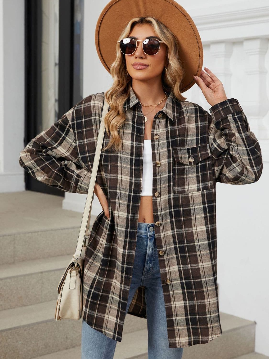 Plaid Collared Neck Long Sleeve Shirt.