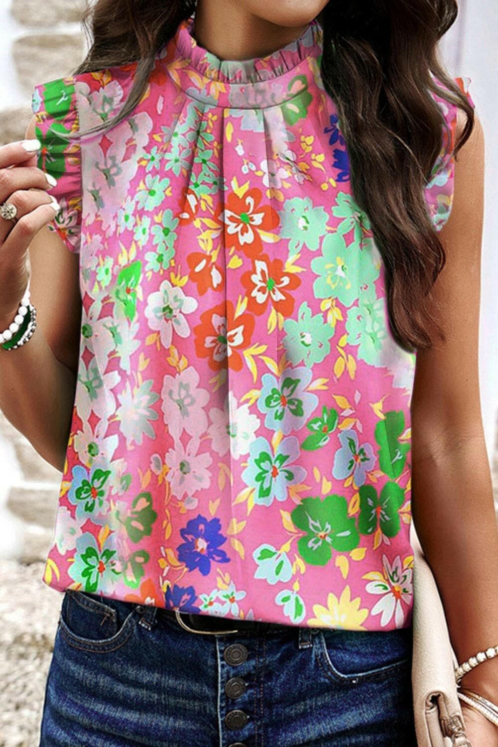 Ruffled Printed Mock Neck Cap Sleeve Blouse.