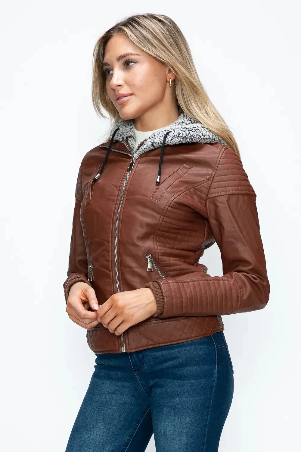 YMI Faux Layered Double-Zipper Jacket with Fuzzy Hood Coco’s Tee Boutique