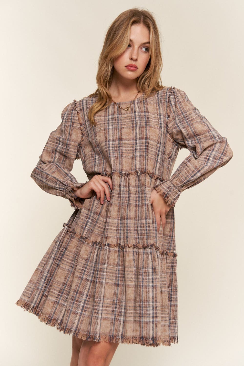 Chic and comfy tiered plaid dress with frayed edges