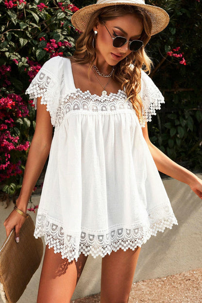 Lace Detail Square Neck Short Sleeve Blouse.