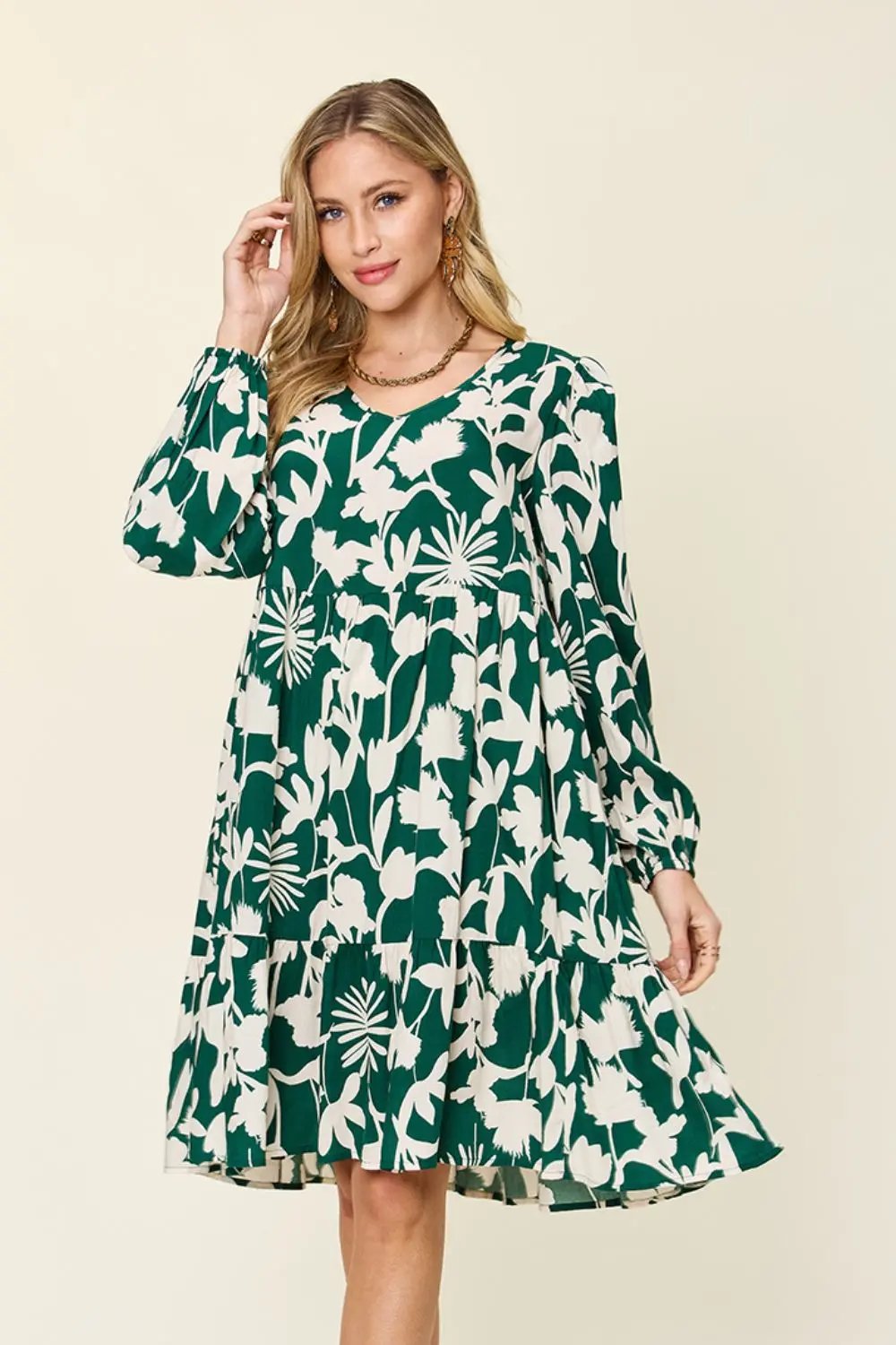 Double Take Full Size Printed Ruffle Hem Long Sleeve Dress - Love Salve