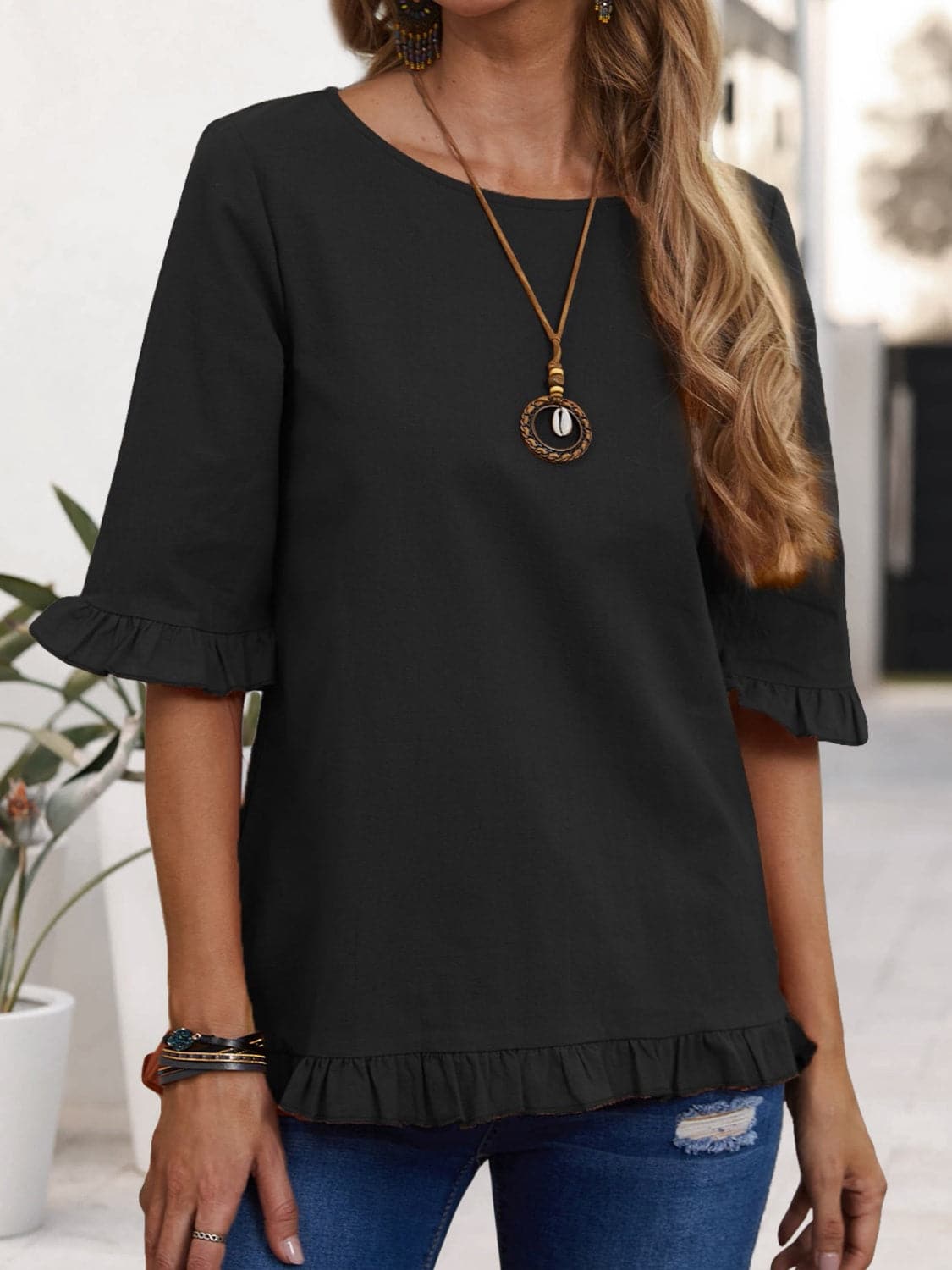 Ruffled Round Neck Half Sleeve Blouse.