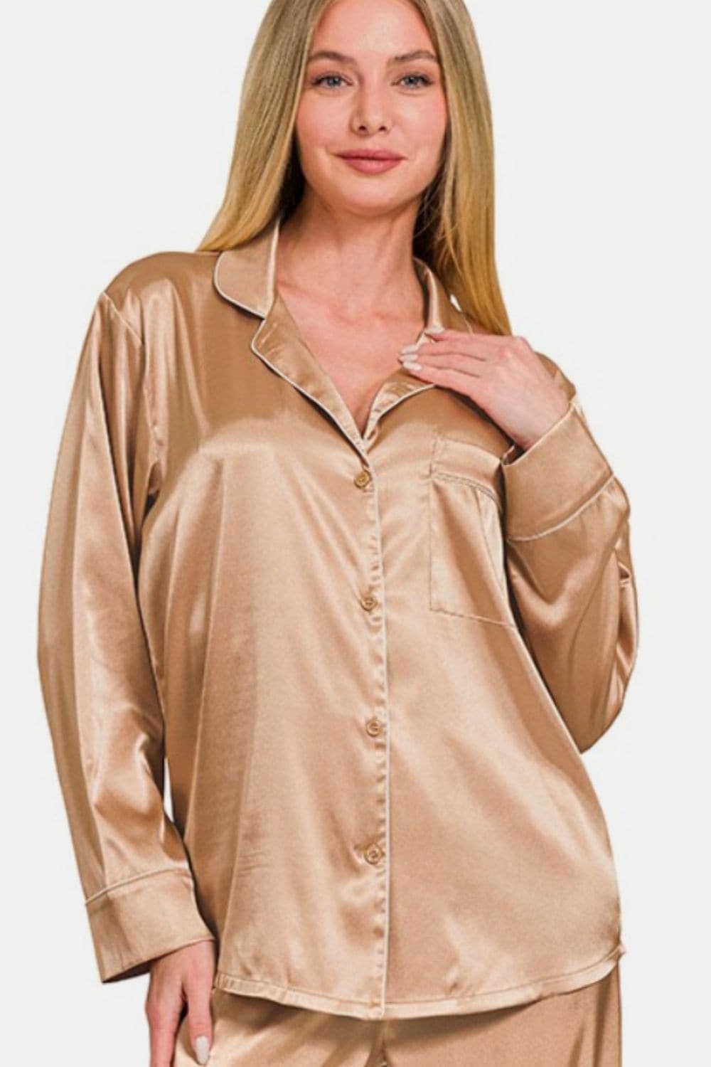 Satin Luxe Long Sleeve Pajama Set with Comfort Fit Pants