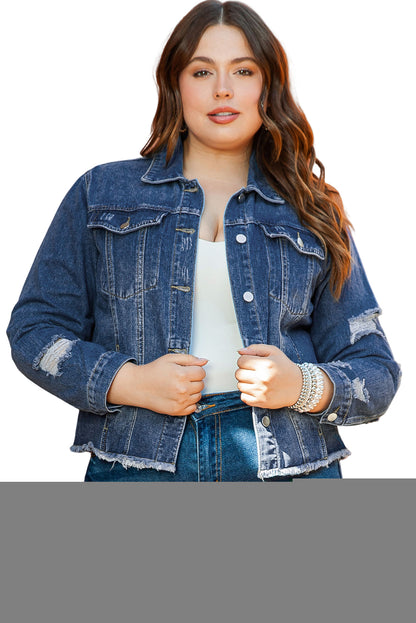 Chic dark blue plus size distressed denim jacket with flap pockets