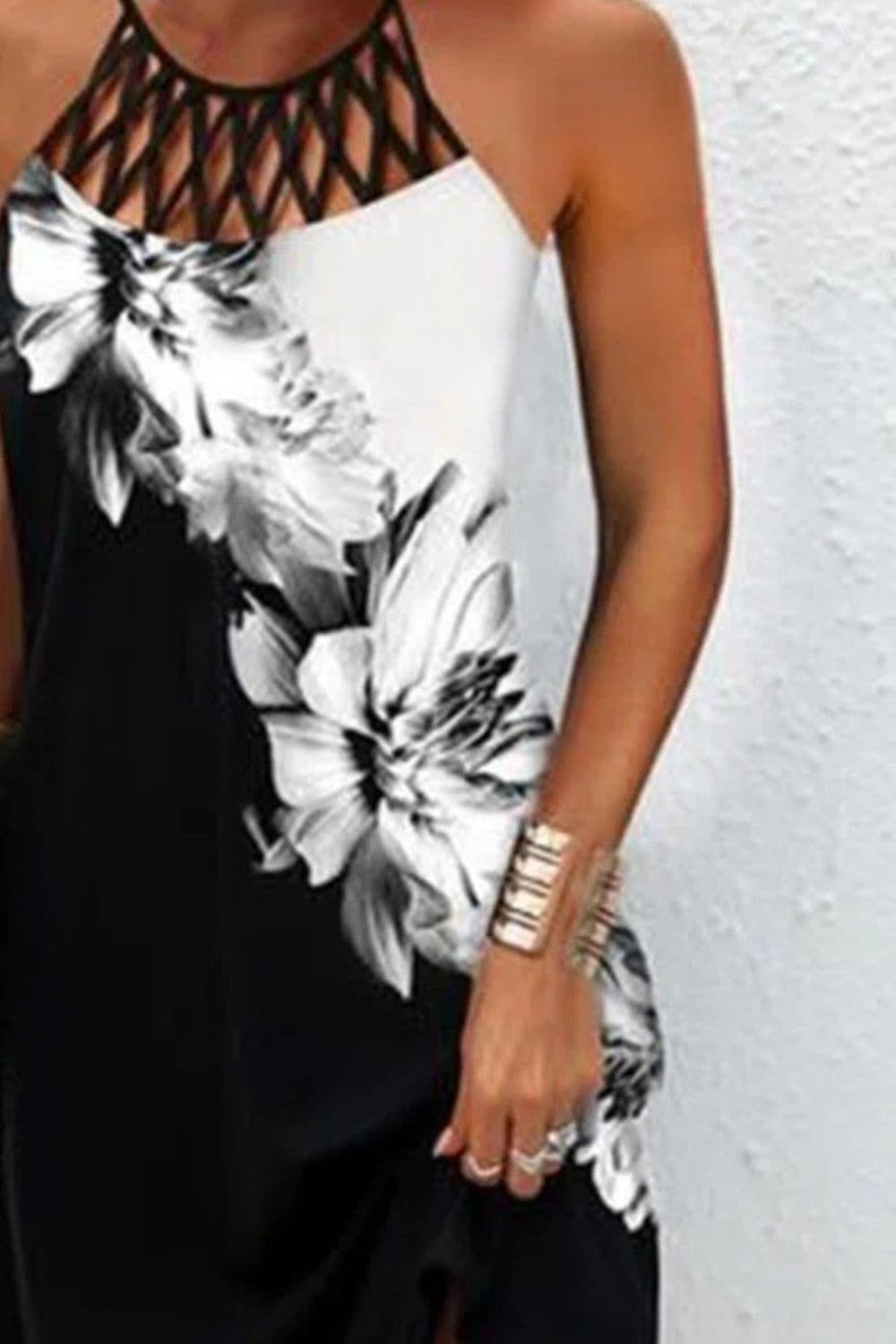 Printed Grecian Neck Mini Dress.