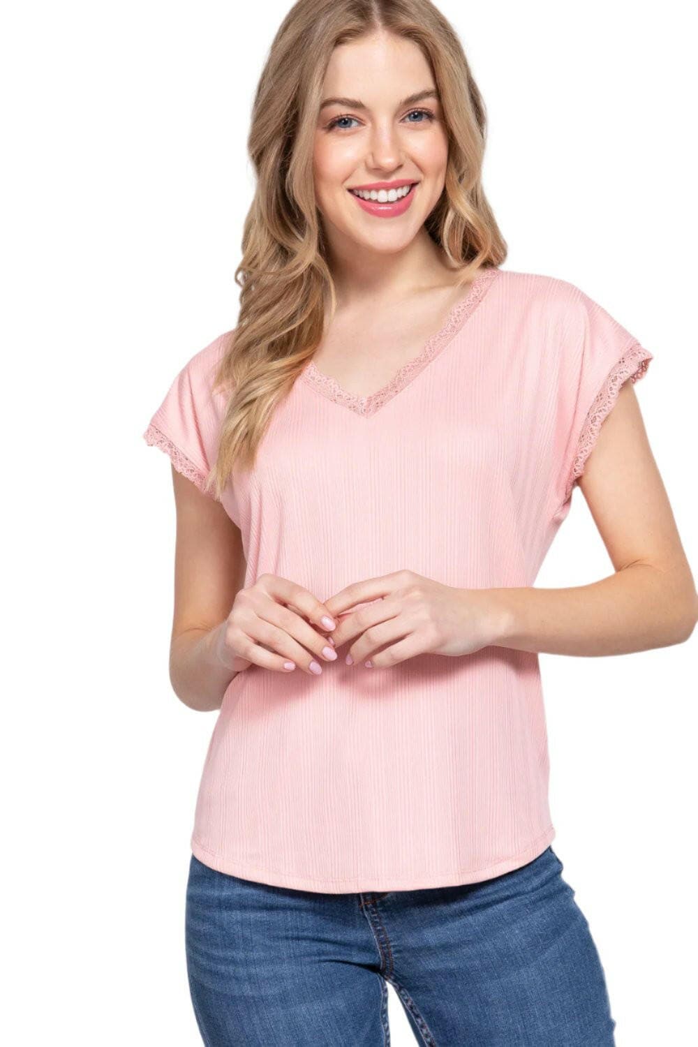 ACTIVE BASIC Lace Trim V-Neck Short Sleeve Ribbed Top.