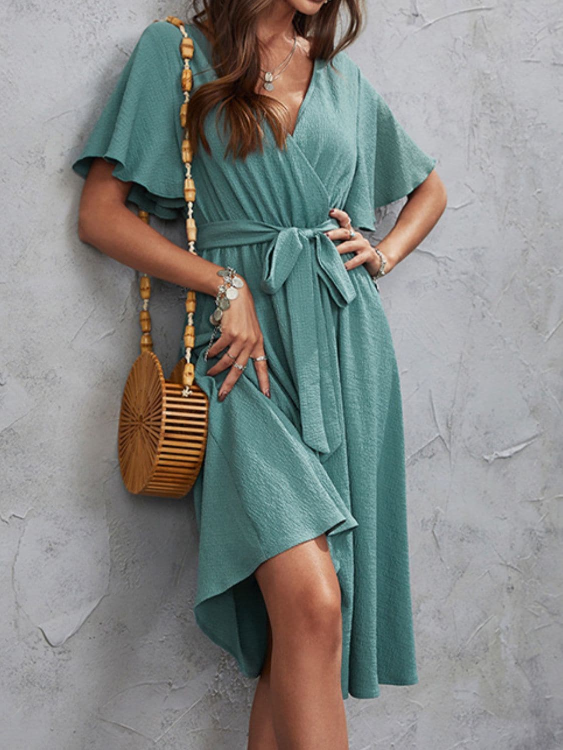 Surplice Flutter Sleeve Midi Dress.