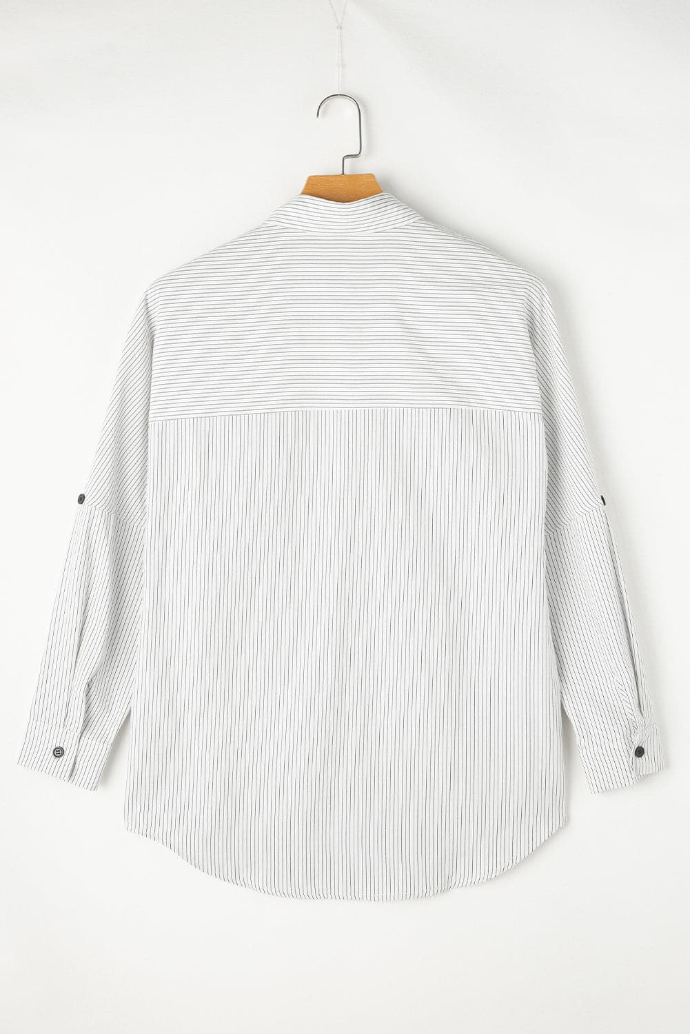 Pocketed Striped Collared Neck Long Sleeve Shirt.