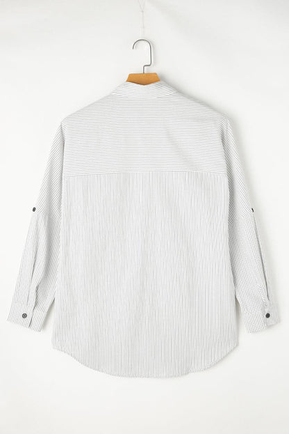 Pocketed Striped Collared Neck Long Sleeve Shirt.