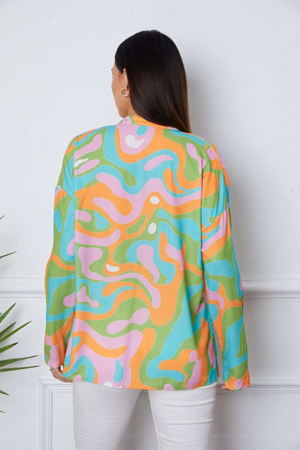 Printed Notched Long Sleeve Blouse.